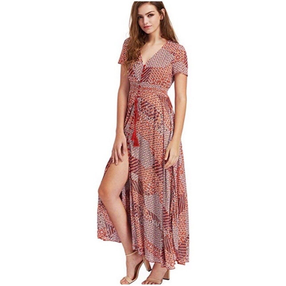 New Irina Woman's Short Sleeve Long V Neck Design Dress SIZE LARGE